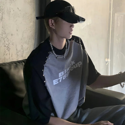 Trendy brand Korean splicing plug-in short-sleeved T-shirt men's summer design niche silver diamond design letter print y2k top Street King Limited