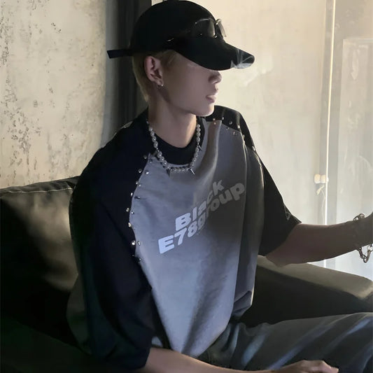 Trendy brand Korean splicing plug-in short-sleeved T-shirt men's summer design niche silver diamond design letter print y2k top Street King Limited