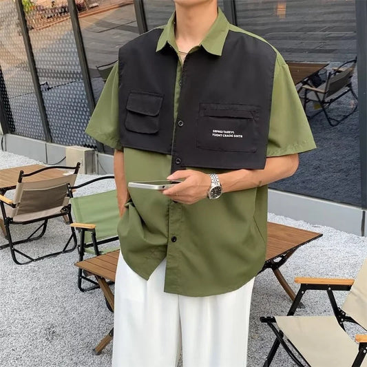 Streetwear Design Patchwork Short Sleeve Cargo Shirt For Men Summer Vintage Y2K S Design Patchwork Short Sleeve Cargo Shirt For Men Summer Vintage Y2K Streetwear Baggy Shirts Casual Social Camisa Masculinas Fashion Sweater Jacket With Graphic Design For Men