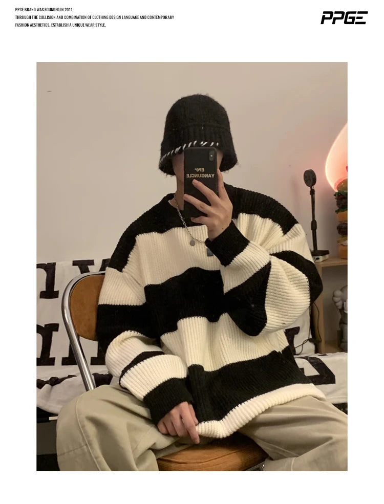 2023 striped sweaters lazy mens knitwear autumn and winter new outerwear trendy brand high end thread clothing men pullover unique default style 693