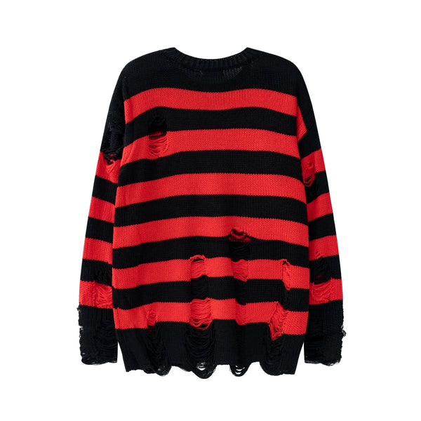 High Street Retro Punk Red and Black Stripes Autumn Sweater Men Loose Ripped Hole Tassel Pullover Round Neck Casual Clothes Street King Limited