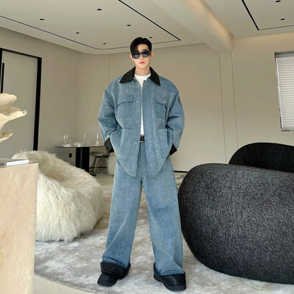 fashion show suits men streetwear washed denim splice loose casual jacket wide leg jeans pants 2 piece sets coat trousers suits unique jeans style 2626