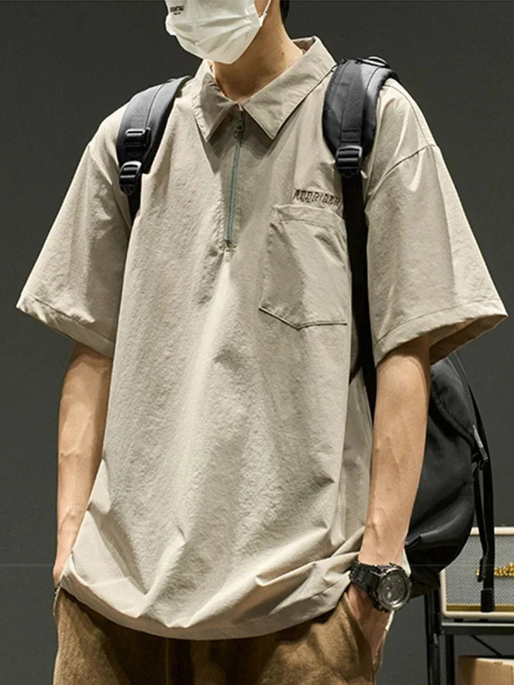 Streetwear Summer Short Sleeve Lapel Polo Shirt Mens Letter Embroidery Zipper Gol Summer Short Sleeve Lapel Polo Shirt Mens Letter Embroidery Zipper Golf Wear 2024 Korean Fashion Streetwear Loose Tee Shirts Fashion Sweater Jacket With Graphic Design For Men