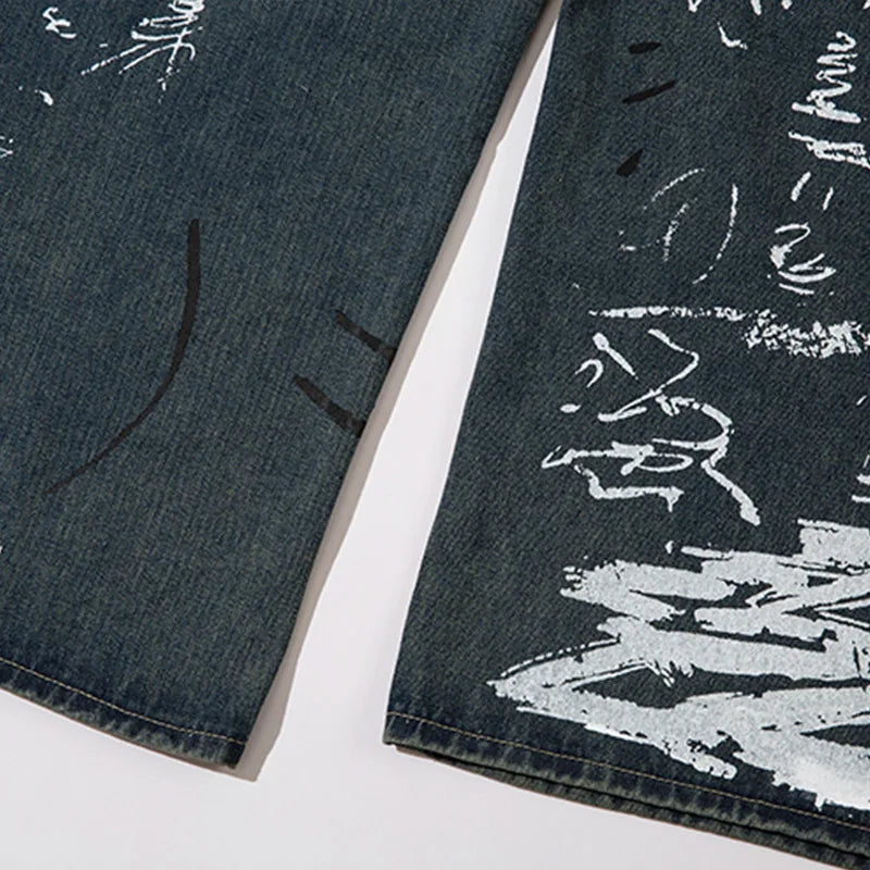 Men Blue Baggy Jeans Graffiti Print Straight Denim Trousers Harajuku Y2K Vintage High Waist Wide Leg Pants Streetwear Unisex Street King Limited