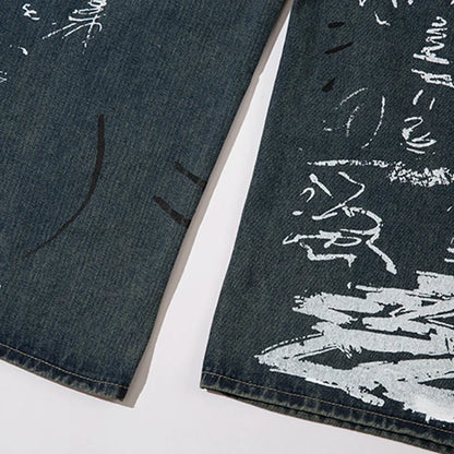 Men Blue Baggy Jeans Graffiti Print Straight Denim Trousers Harajuku Y2K Vintage High Waist Wide Leg Pants Streetwear Unisex Street King Limited
