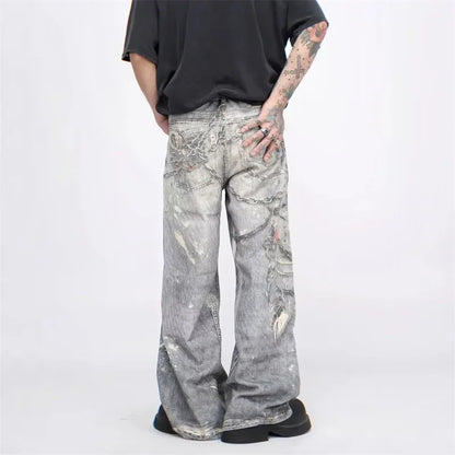 new 3d chain printed baggy jeans for men and women casual baggy straight denim pants high street wide leg y2k blue jean vintage washed jeans
