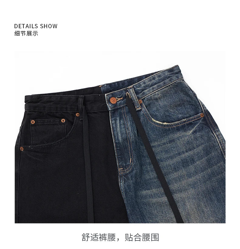 men streetwear fashion black blue splice hip hop loose casual wide leg straight baggy jeans pant cityboy jeans pants trousers unique jeans style 2531