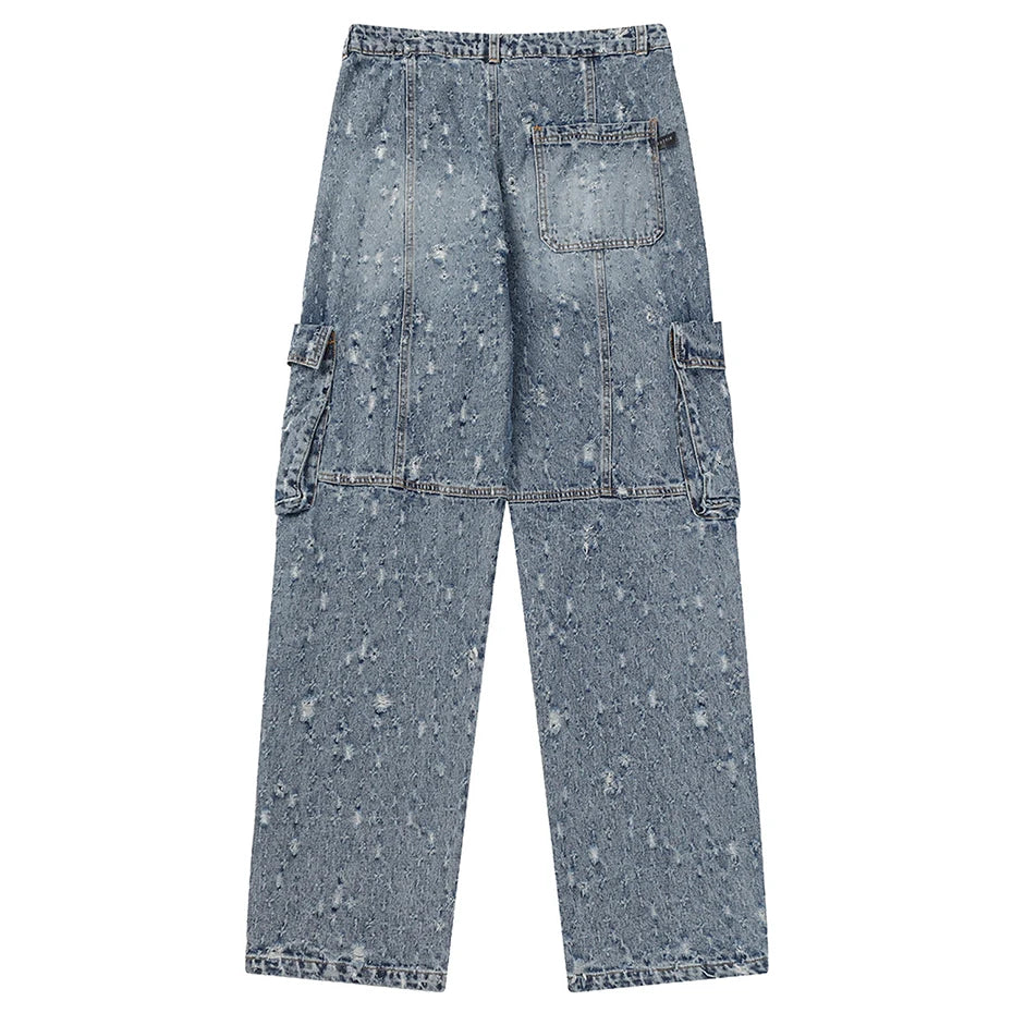 distressed ripped vintage blue baggy jeans men multi pocket cargo jeans casual loose denim pants streetwear harajuku jeans unique cargo style 5662