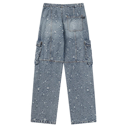 distressed ripped vintage blue baggy jeans men multi pocket cargo jeans casual loose denim pants streetwear harajuku jeans unique cargo style 5662