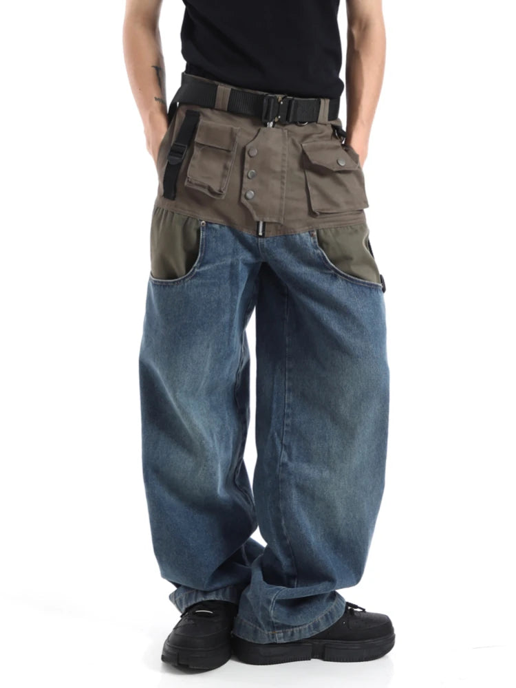 high street cargo pocket patchwork denim jeans pants unisex fashion loose wide leg straight functional tactics pants joggers men streetwear sweatpants