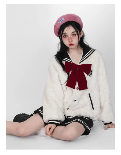Harajuku Sweet Thicknecked Bow College Coat Woman Zip Up Hoodie Sailor Suit Plush Hoodies Women 2023 Streetwear Goth Y2k Clothes Street King Limited
