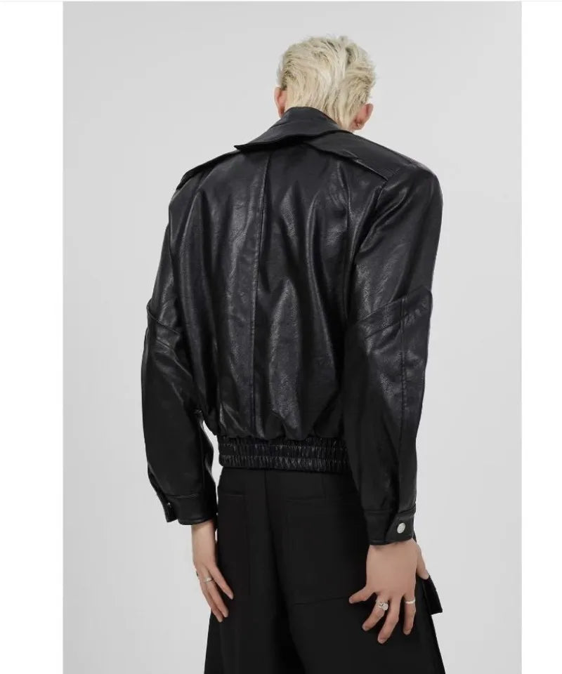 short pu leather jacket men shoulder pad stand collar trend bomber outwear 2023 korean streetwear zipper unisex motorcycle coat unique shorts style 2326