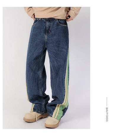 men streetwear fashion side splice hip hop loose casual wide leg straight baggy jeans pant cityboy jeans pants trousers unique jeans style 2495