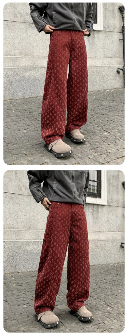 men brand fashion wash jacquard denim splice pocket loose casual wide leg baggy jeans cityboy cargo jeans pants trousers military streetwear pants
