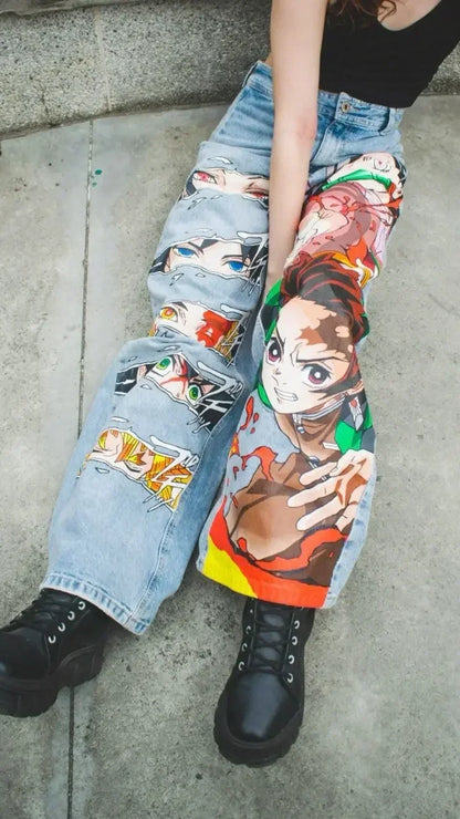 harajuku sunny sexy girl anime print baggy jeans new style wide leg trouser y2k popular streetwear men women high waist pants unique jeans style 4212