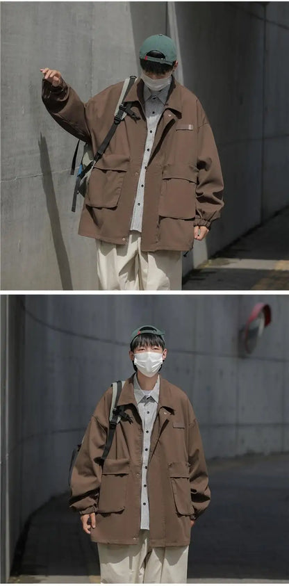 american casual cargo jacket for men autumn streetwear work zipper coat male varsity jackets loose chaquetas hombre clothes unique cargo style 1609