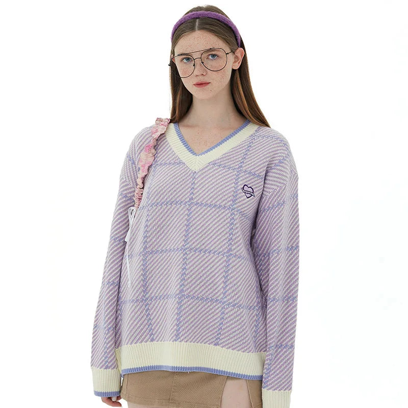 Men Hip Hop Knitted Sweater Streetwear Embroidery Heart Plaid Pullover 2023 Autumn Harajuku Cotton Casual Pullover Sweater Blue Street King Limited