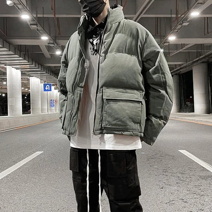 mens jacket winter parkas streetwear thicken warm washed solid zipper cotton padded bomber jackets harajuku fashion casual coat unique default style 4859