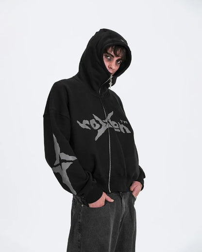 American High Street Trendy Brand Retro Pattern Letter Print Oversized Hoodie Men Y2k Goth Hip Hop Loose Zipper Sweatshirt Women Street King Limited