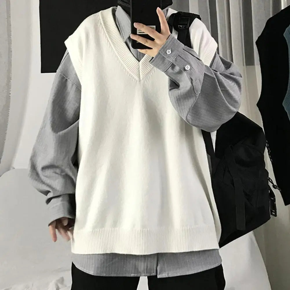 Men Sweater Vest V Neck Solid Color Sleeveless All Match Spring Sweater for School Male Pullovers Men's Clothing Streetwear Street King Limited