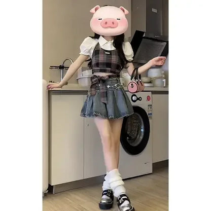 Summer gentle outfit 2023 new Korean version short sleeved shirt plaid suspender denim short skirt womens two peice skirt sets Street King Limited
