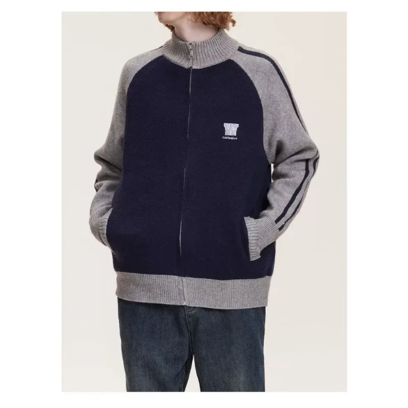 2023 College Vintage Knit Cardigan Men Harajuku Letter Print Patchwork Sweater Casual Loose Zipper Pull Homme Spring Autumn Street King Limited