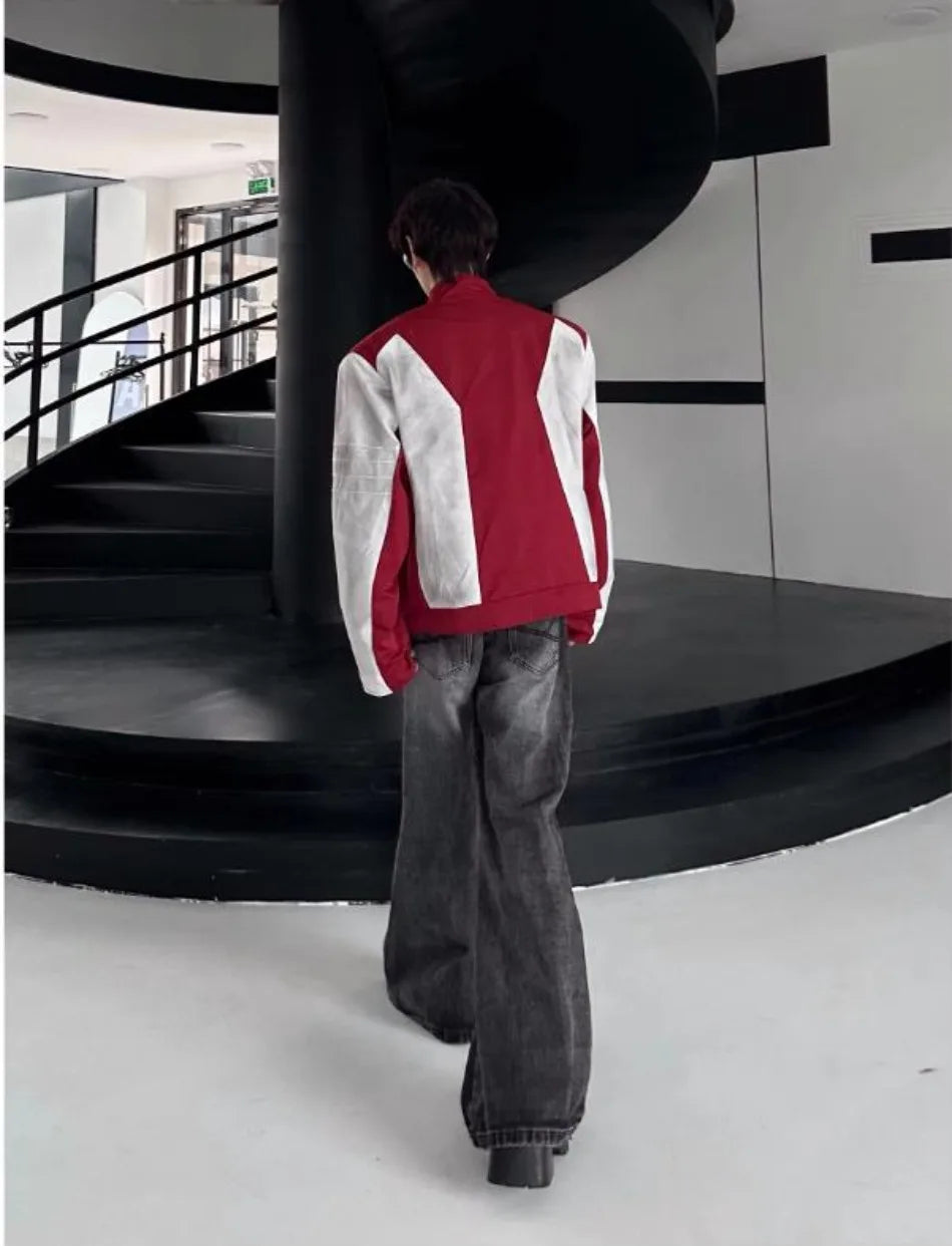 street american color block mens jacket 2024 new autumn zipper patchwork shoulder pads racing coats motorcycle windbreaker unique default style 3236