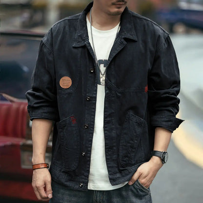 american retro workwear jacket for boys loose spring and autumn high street japanese style khaki casual trendy denim jacket tops unique jeans style 4879