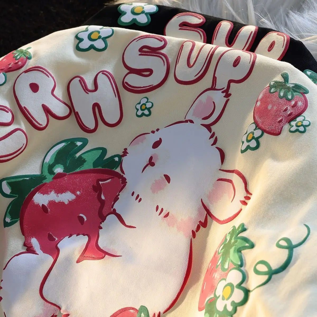 Cute Cartoon Rabbit Strawberry Fruit Print T Shirts Student Girls Kawaii Tee High Quality Cotton Summer Short Sleeve Casual Tops Street King Limited