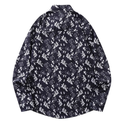 Men Long-Sleeved Shirt Japanese Retro Floral Printed Blouse Coat Oversize Loose Casual Tops Single Breasted Versatile Clothing Street King Limited