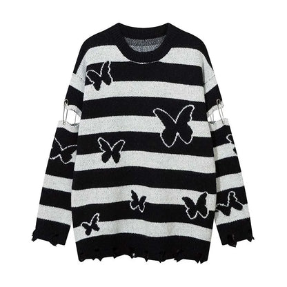 2023 Hip Hop Striped Knitted Sweater Streetwear Butterfly Graphic Distressed Ripped Pullover Men Harajuku Casual Knitwear Unisex Street King Limited
