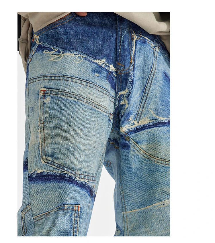 fashion fake patchwork printed denim jeans mens new casual zipper straight loose jeans streetwear hip hop baggy pants joggers unique joggers style 1414