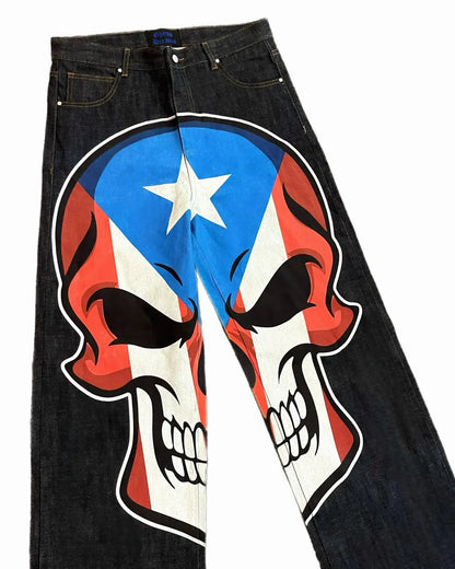 harajuku retro y2k pants gothic skateboard jeans skull denim print loose slouchy jeans men women pants streetwear hip hop jeans unique jeans style 3994
