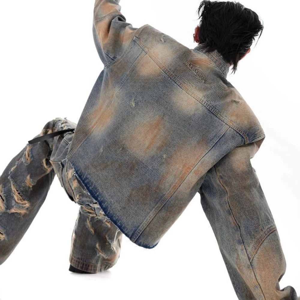 mens denim jacket jeans wilderness construction site style distressed washed holes street wear fashion versatile mens wear 2024 urban skinny jeans