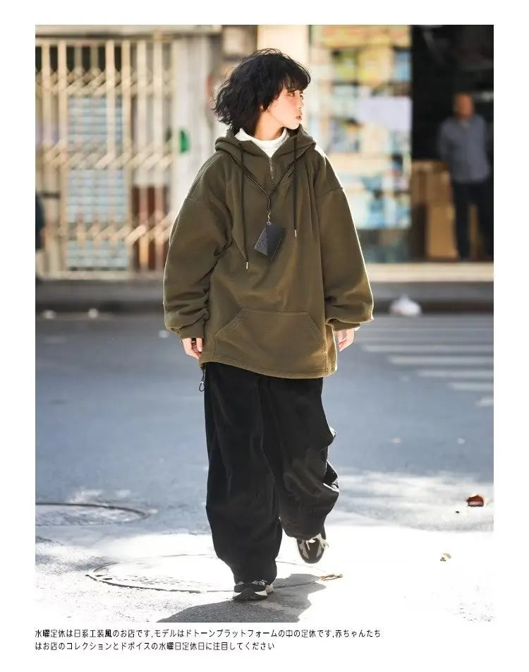 Men Women Winter Fleece Hoodies Korean Style Half Zipper Harajuku Hip Hop Hooded Sweatshirt Street Oversized Couple Pullovers Street King Limited