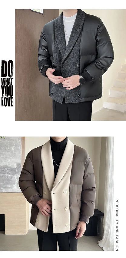 men winter woolen splice cotton padded business casual thicken warm jacket korean streetwear fashion parkas coat outerwear unique default style 1473