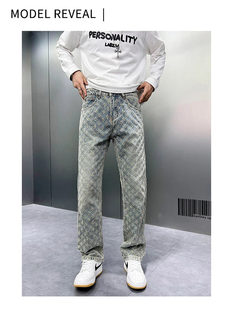 Men Wide Leg Denim Pants High Street American Retro Jacquard Loose Straight Jeans Y2K Fashion Streetwear Baggy Trousers Street King Limited