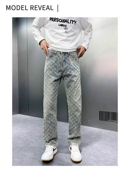 Men Wide Leg Denim Pants High Street American Retro Jacquard Loose Straight Jeans Y2K Fashion Streetwear Baggy Trousers Street King Limited