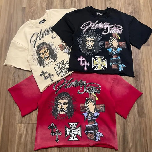Trendy Brand Fashion Versatile Loose Half-sleeved Top Men Y2k Harajuku Hip-hop Rock Anime Cartoon Printed Short-sleeved T-shirt Street King Limited