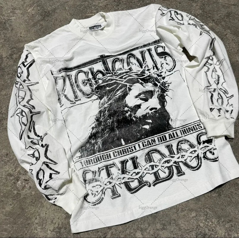 European and American Harajuku Retro Streetwear Gothic Punk Style Letter Print Long-sleeved Men Hip-hop Trend Oversized T-shirt Street King Limited