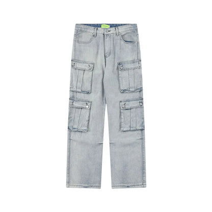 2024 multi pocket jeans vintage mens harajuku cargo denim pants retro hip hop straight loose jean pants baggy cargo bottoms