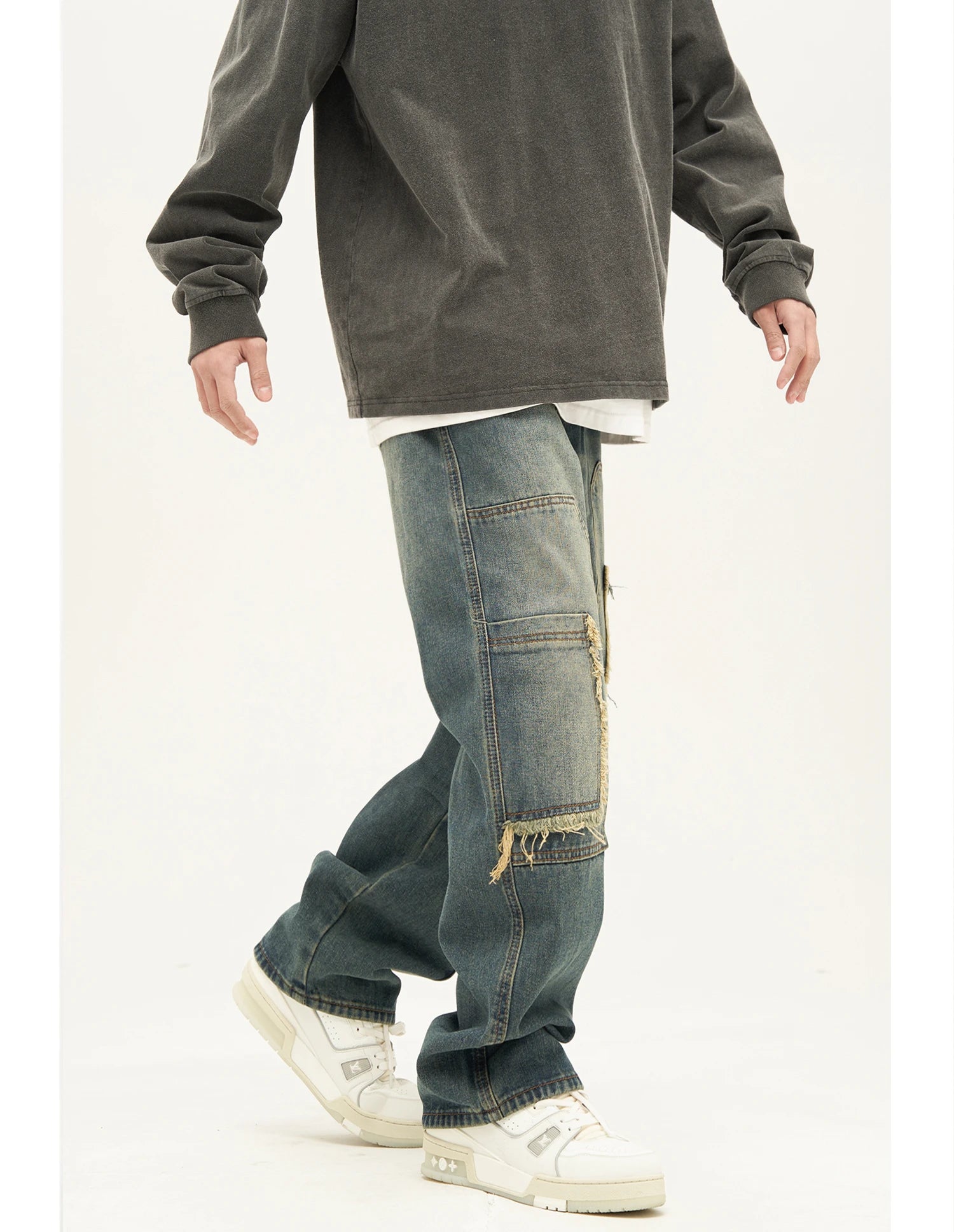retro washed denim jeans destroyed ripped loose mens biker jeans side pocket fashion streetwear hip hop straight pants joggers unique joggers style 1198