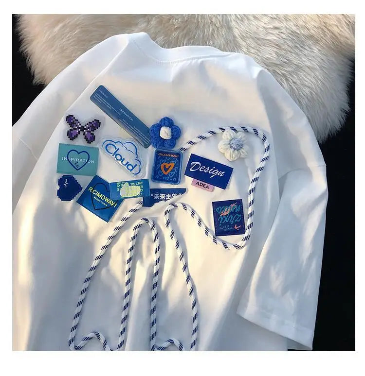 Super Chic Appliques Butterfly Bow Creative T Shirts Sweet Girl Kawaii Clothes 2022 Summer Large 2XL Korean Brand Office Ladies Street King Limited