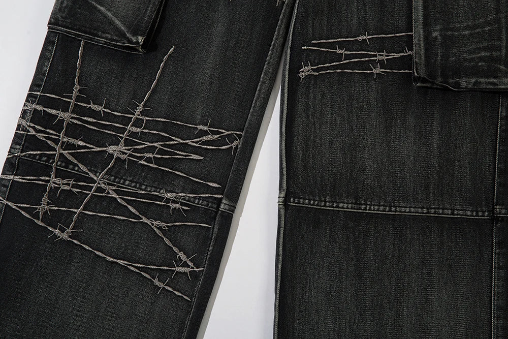 multi pockets embroidery washed baggy jeans for men and women straight ropa hombre casual cargo pants oversized denim trousers unique cargo style 4302