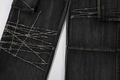 multi pockets embroidery washed baggy jeans for men and women straight ropa hombre casual cargo pants oversized denim trousers unique cargo style 4302