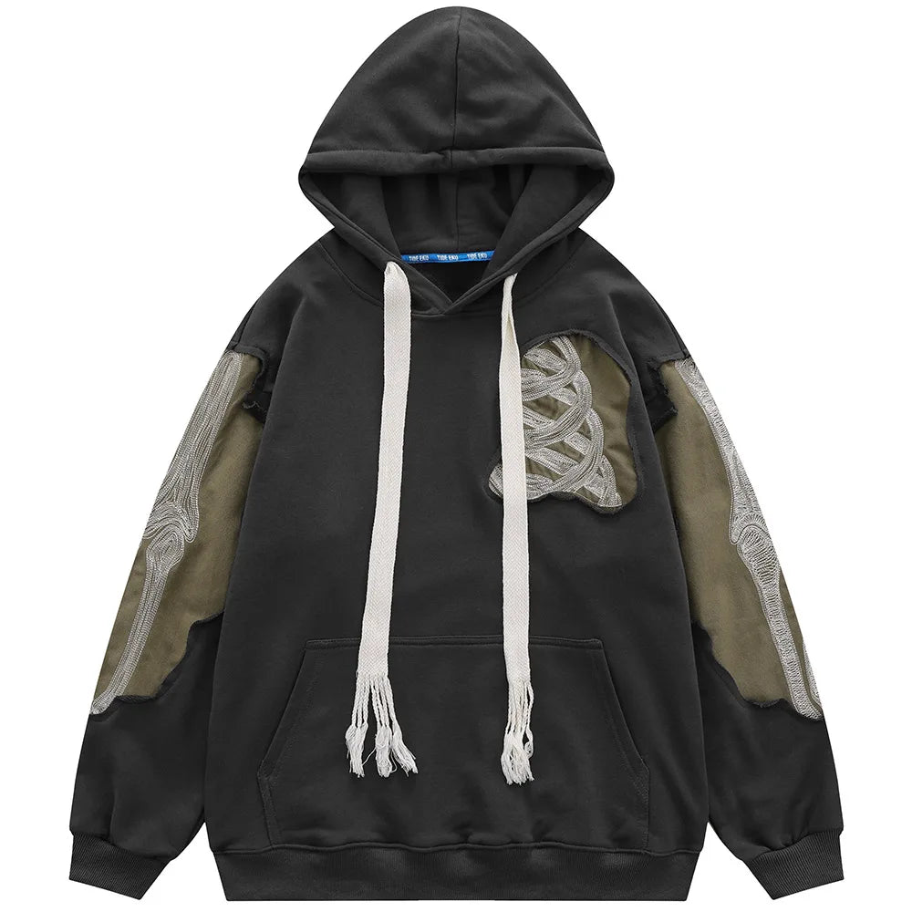 Aolamegs Men Streetwear Hip Hop Hoodie Funny Skull Ripped Patchwork Embroidery Long Sleeves Pullover Autumn Casual Harajuku Tops Street King Limited
