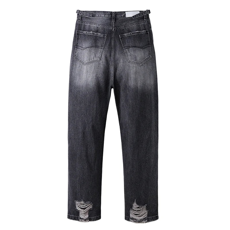 baggy damaged heavy industry washed jeans pants vibe loose casual silhouette straight worn pants knee ripped denim trousers unique jeans style 171