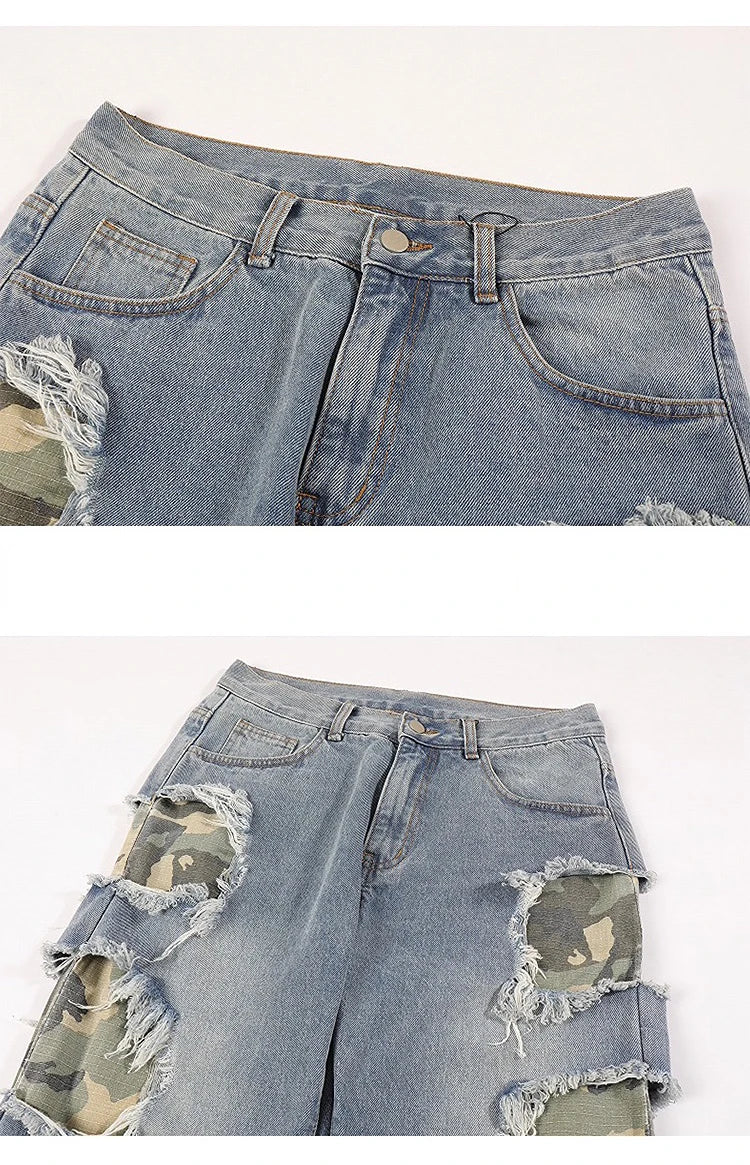 side destroyed ripped holes denim jeans pants mens casual patchwork camouflage loose straight joggers hip hop streetwear jeans unique joggers style 3077