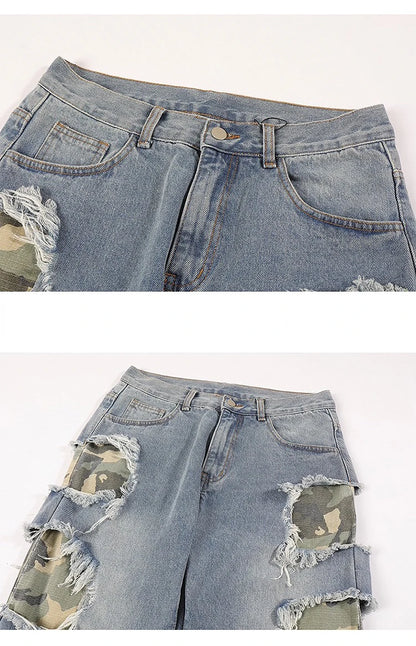 side destroyed ripped holes denim jeans pants mens casual patchwork camouflage loose straight joggers hip hop streetwear jeans unique joggers style 3077