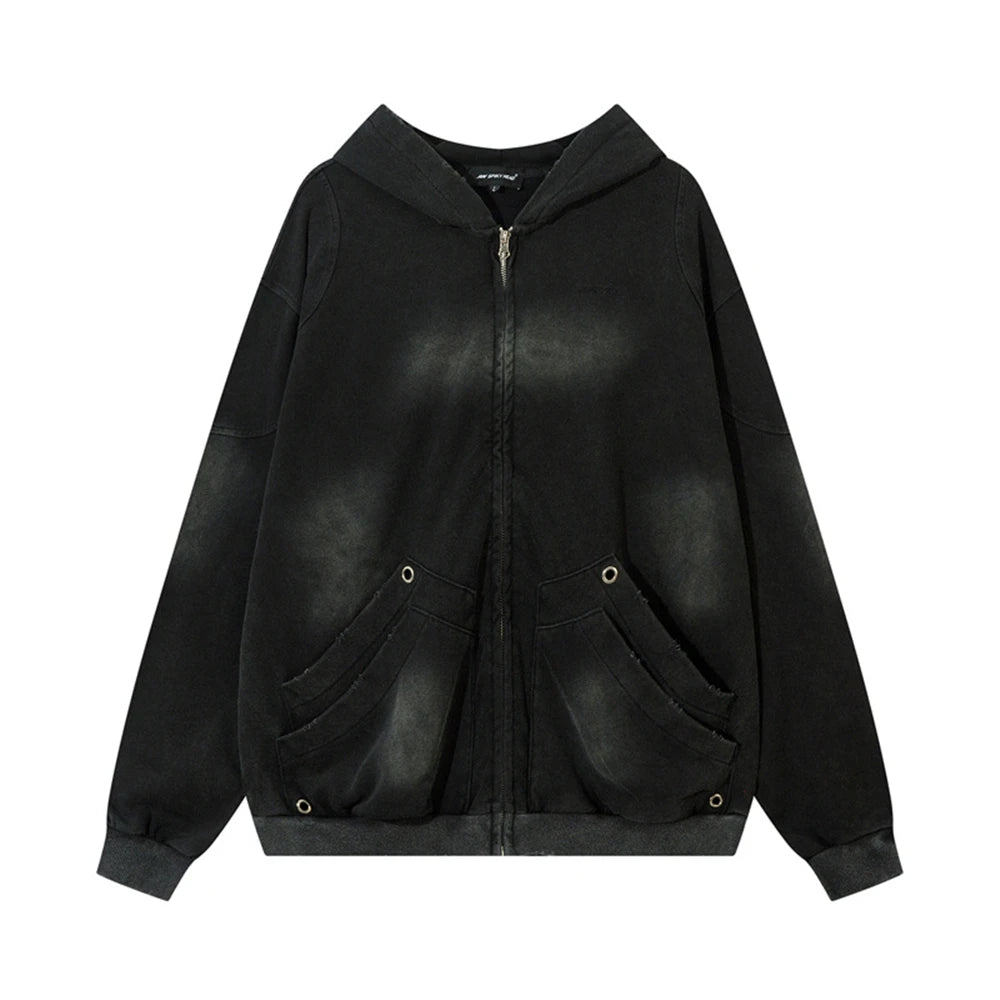Vintage Zip Up Hoodie Jacket Y2K Punk Gothic Loose Washed Hooded Sweatshirt Coat 2024 Harajuku Cotton Streetwear Street King Limited